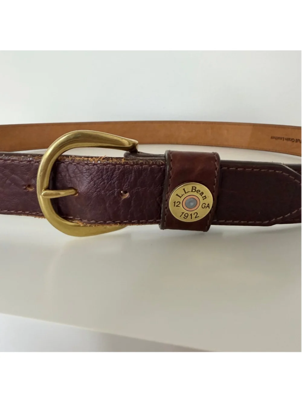 L.L.Bean Men's Brown Genuine Full Grain Leather Bullet Belt Size 42 USA Made